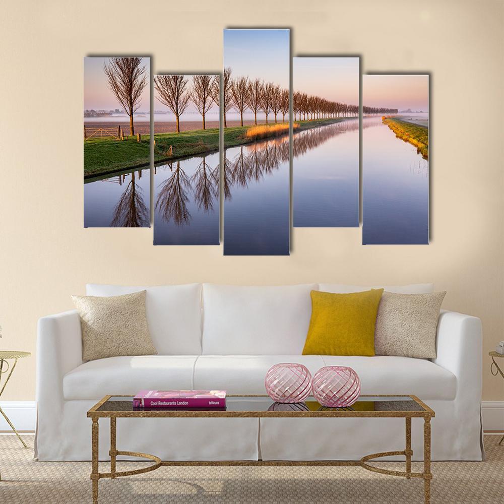 Early Morning By A Dutch Canal Canvas Wall Art-5 Pop-Gallery Wrap-47" x 32"-Tiaracle