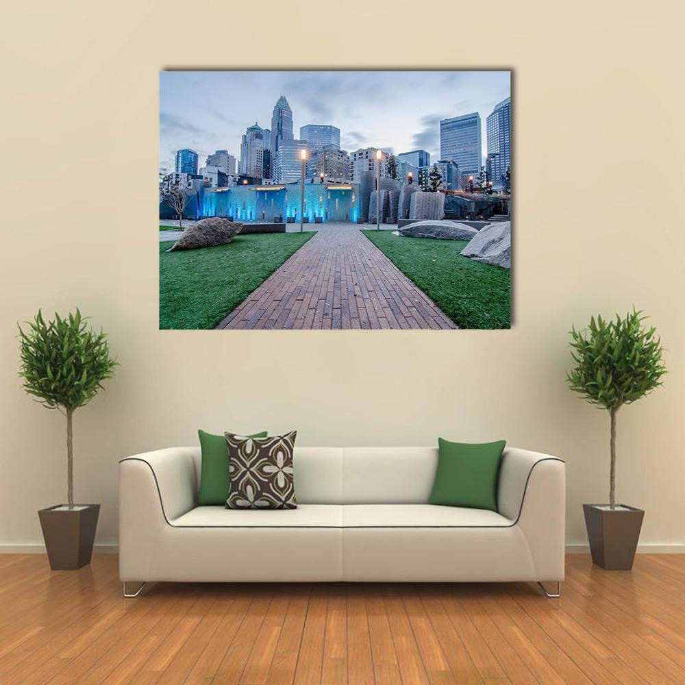 Early Morning Over Charlotte Canvas Wall Art in gray, green and blue, single panel hung on a wall