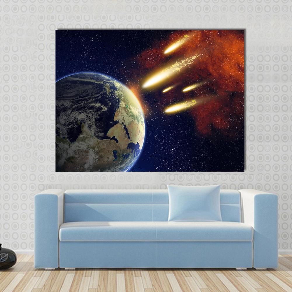 Earth and Flying Asteroids Canvas Wall Art in black, orange and blue, single panel hung on a wall