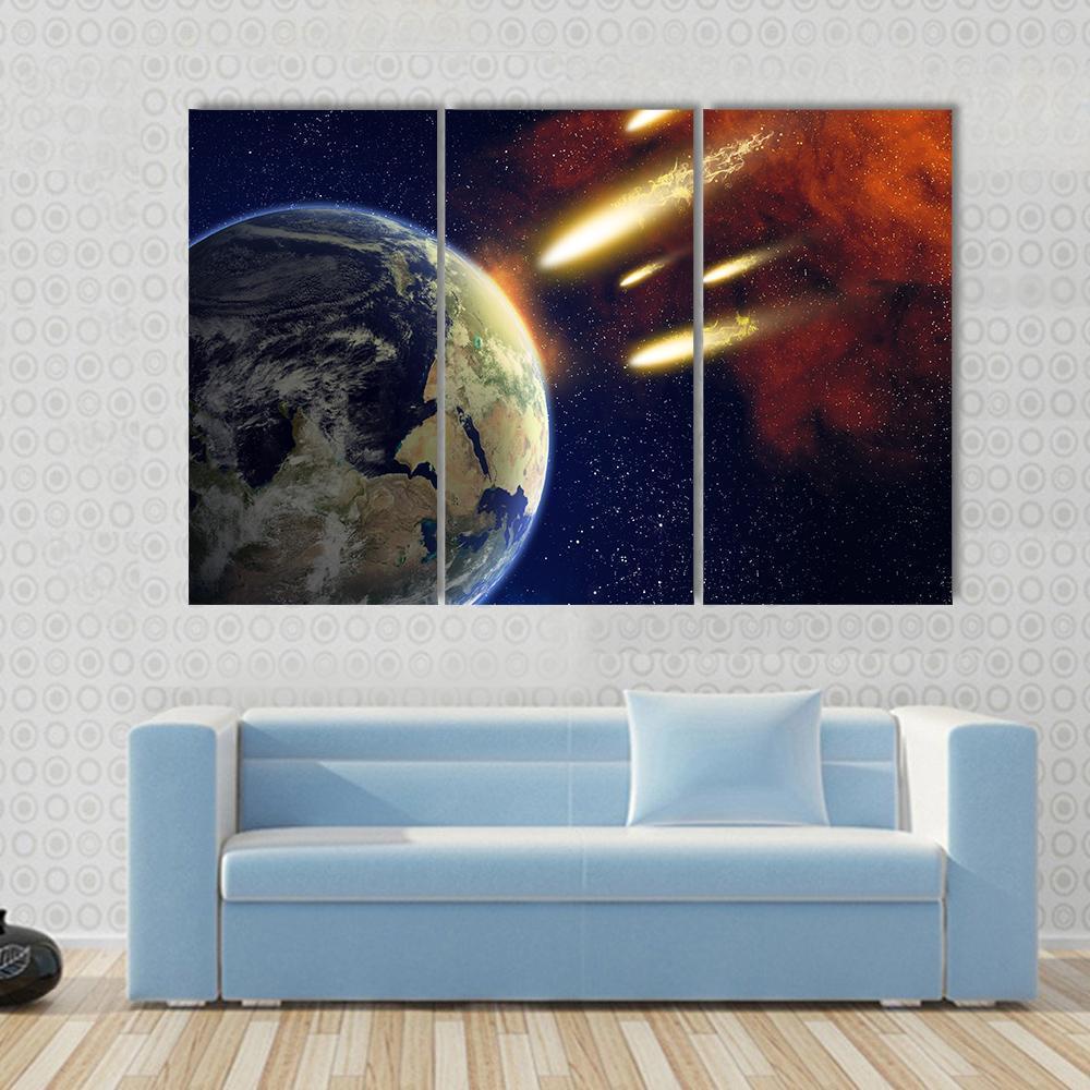 Earth & Flying Asteroids Canvas Wall Art-3 Horizontal-Gallery Wrap-37" x 24"-Tiaracle