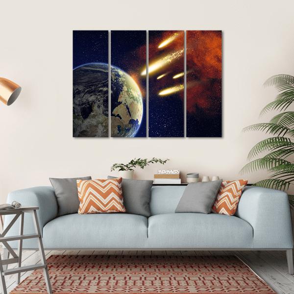 Earth & Flying Asteroids Canvas Wall Art-4 Horizontal-Gallery Wrap-34" x 24"-Tiaracle