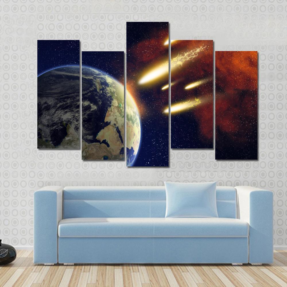 Earth &amp; Flying Asteroids Canvas Wall Art-5 Pop-Gallery Wrap-47" x 32"-Tiaracle