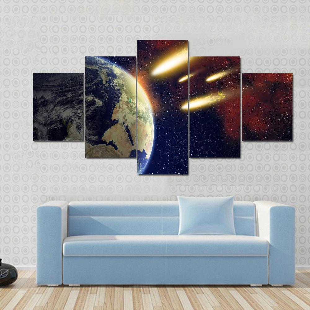 Earth & Flying Asteroids Canvas Wall Art-5 Star-Gallery Wrap-62" x 32"-Tiaracle