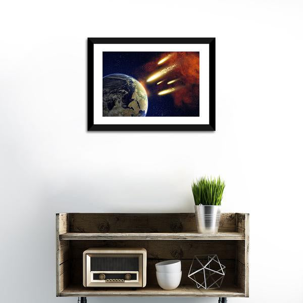 Earth & Flying Asteroids Canvas Wall Art-1 Piece-Framed Print-20" x 16"-Tiaracle