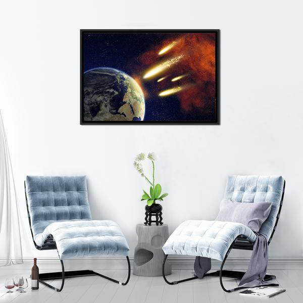 Earth & Flying Asteroids Canvas Wall Art-3 Horizontal-Gallery Wrap-25" x 16"-Tiaracle