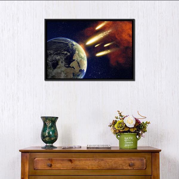 Earth & Flying Asteroids Canvas Wall Art-1 Piece-Floating Frame-24" x 16"-Tiaracle