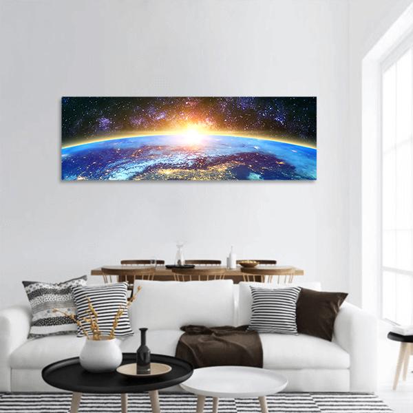 Earth &amp; Galaxy View Panoramic Canvas Wall Art-1 Piece-36" x 12"-Tiaracle