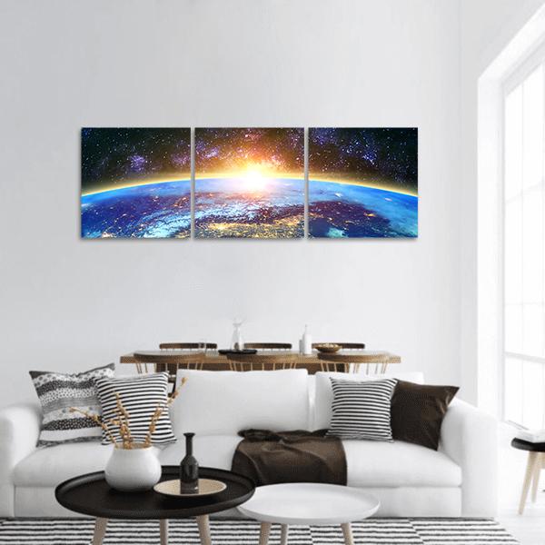 Earth &amp; Galaxy View Panoramic Canvas Wall Art-3 Piece-25" x 08"-Tiaracle