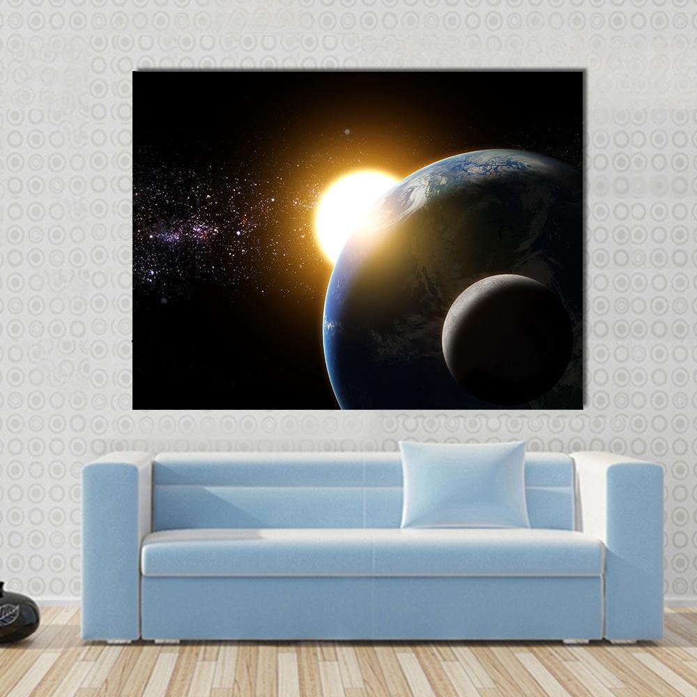 Earth and Moon in Galaxy Canvas Wall Art in black, yellow and blue, single panel hung on a wall