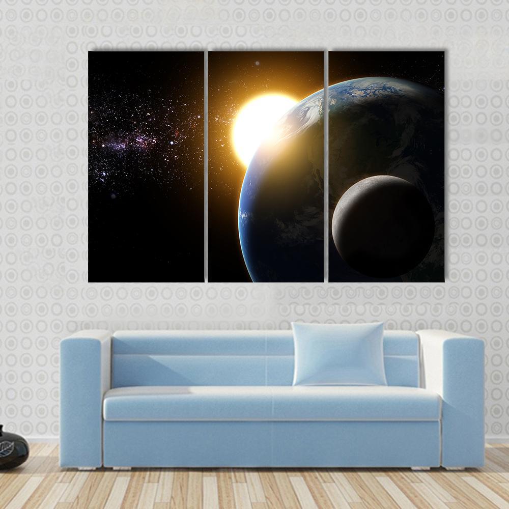 Earth And Moon In Galaxy Canvas Wall Art-3 Horizontal-Gallery Wrap-37" x 24"-Tiaracle