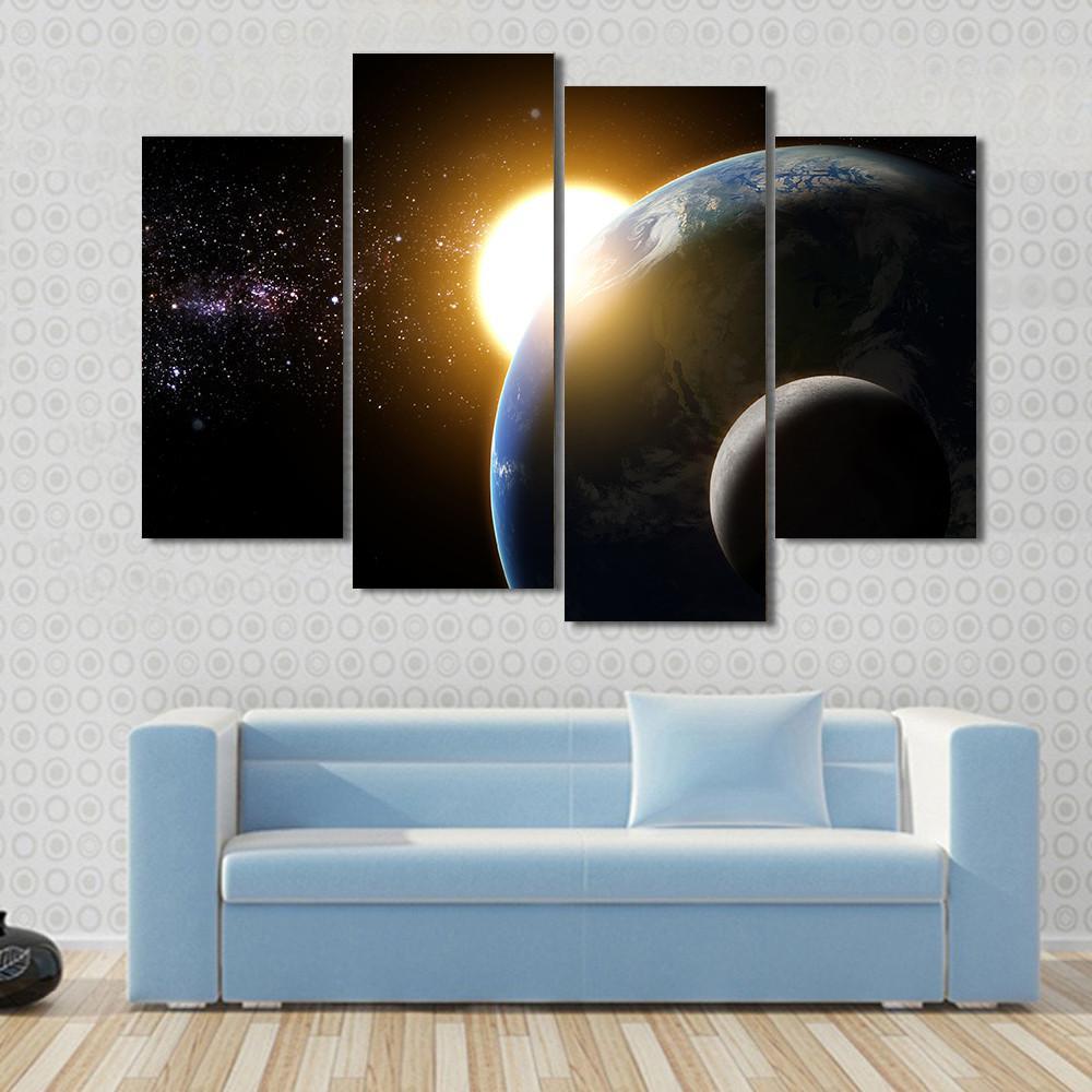 Earth And Moon In Galaxy Canvas Wall Art-4 Pop-Gallery Wrap-50" x 32"-Tiaracle