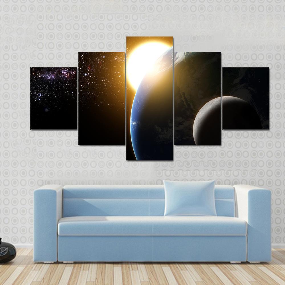 Earth And Moon In Galaxy Canvas Wall Art-5 Star-Gallery Wrap-62" x 32"-Tiaracle