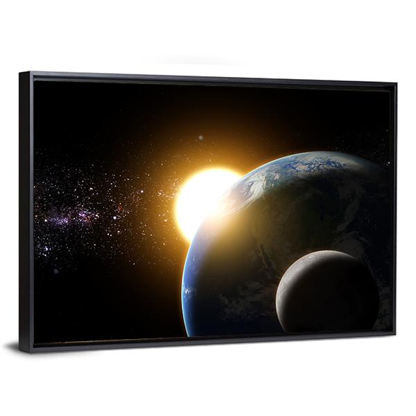 Earth And Moon In Galaxy Canvas Wall Art-3 Horizontal-Gallery Wrap-25" x 16"-Tiaracle