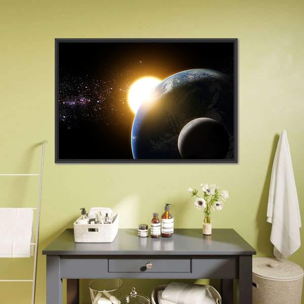 Earth And Moon In Galaxy Canvas Wall Art-3 Horizontal-Gallery Wrap-25" x 16"-Tiaracle