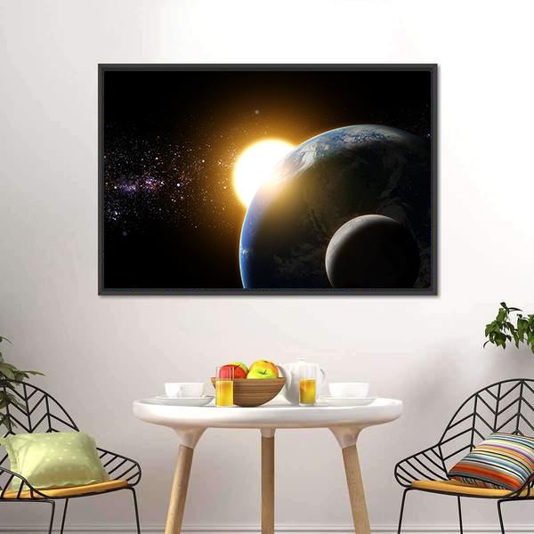 Earth And Moon In Galaxy Canvas Wall Art-1 Piece-Floating Frame-24" x 16"-Tiaracle