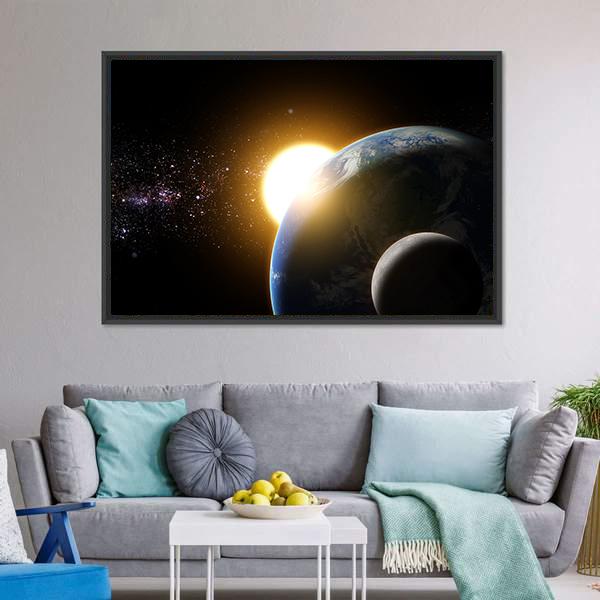 Earth And Moon In Galaxy Canvas Wall Art-3 Horizontal-Gallery Wrap-25" x 16"-Tiaracle