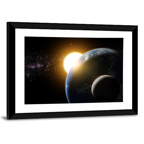 Earth And Moon In Galaxy Canvas Wall Art-3 Horizontal-Gallery Wrap-25" x 16"-Tiaracle