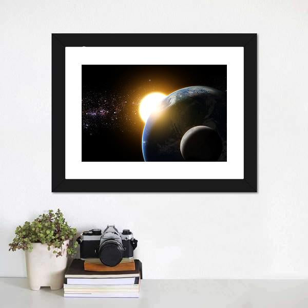 Earth And Moon In Galaxy Canvas Wall Art-3 Horizontal-Gallery Wrap-25" x 16"-Tiaracle