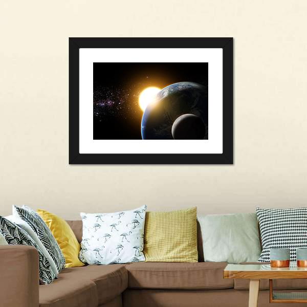 Earth And Moon In Galaxy Canvas Wall Art-1 Piece-Framed Print-20" x 16"-Tiaracle