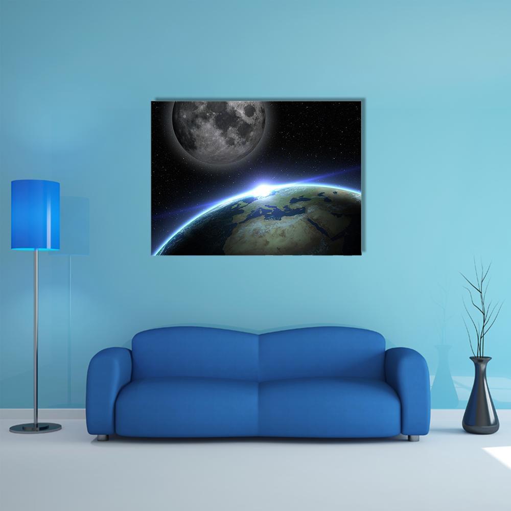 Earth and Moon with Orbital Sunrise Canvas Wall Art in black, gray and blue, single panel hung on a wall