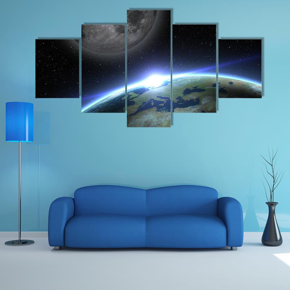 Earth & Moon Canvas Wall Art-5 Star-Gallery Wrap-62" x 32"-Tiaracle