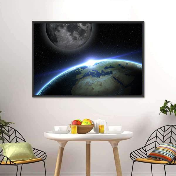 Earth and Moon with Orbital Sunrise Canvas Wall Art in black, gray and blue, framed canvas, product view on a white background