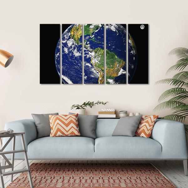 Earth & Moon From Space Canvas Wall Art-5 Horizontal-Gallery Wrap-22" x 12"-Tiaracle