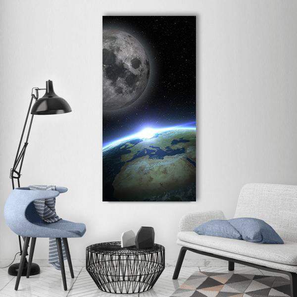 Earth & Moon Vertical Canvas Wall Art-3 Vertical-Gallery Wrap-12" x 25"-Tiaracle