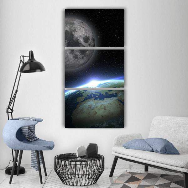 Earth &amp; Moon Vertical Canvas Wall Art-3 Vertical-Gallery Wrap-12" x 25"-Tiaracle
