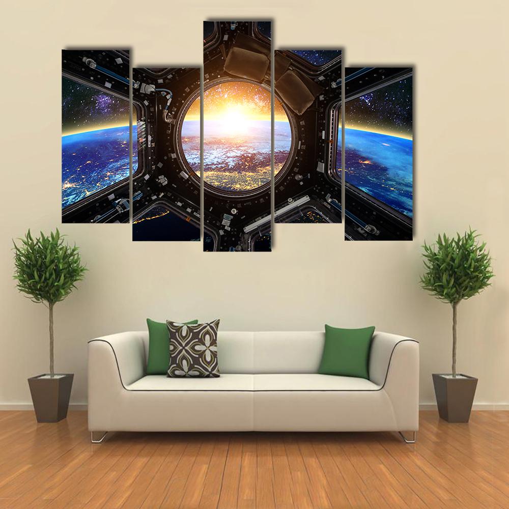 Earth &amp; Spacecraft Canvas Wall Art-5 Pop-Gallery Wrap-32" x 21"-Tiaracle
