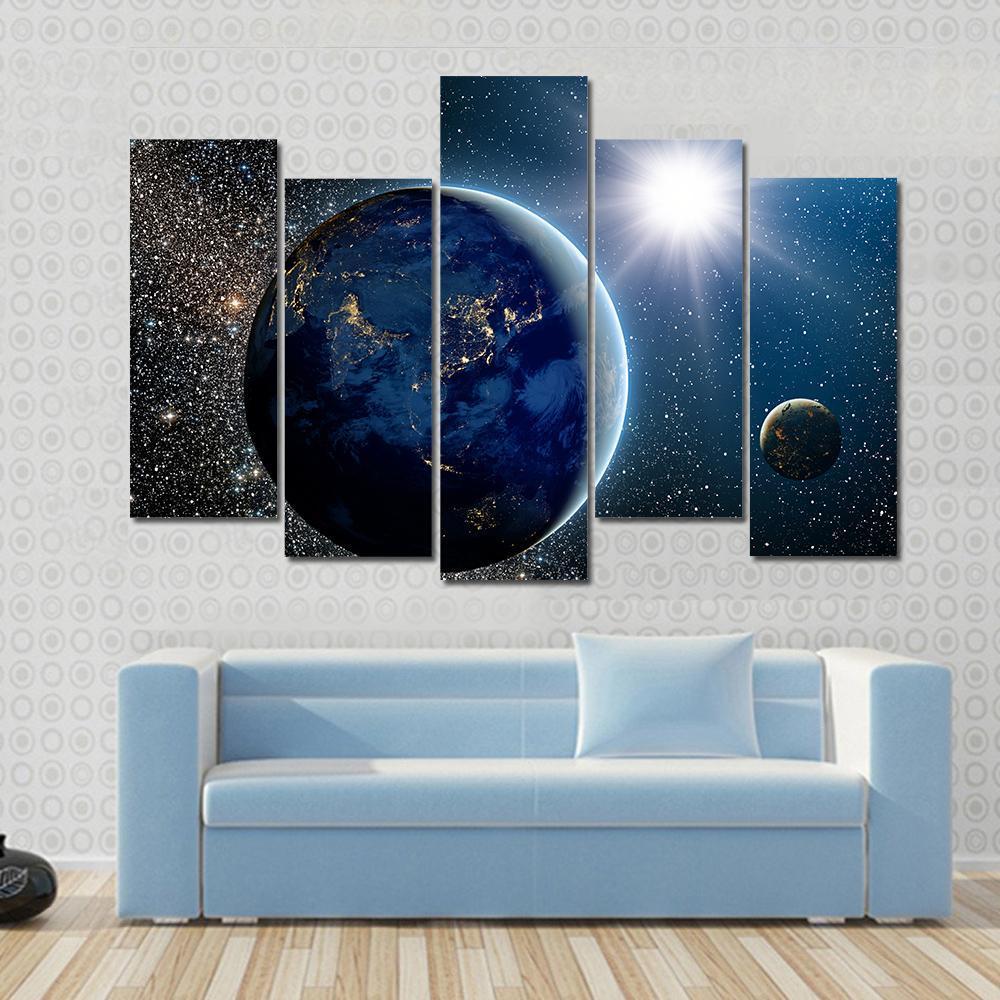 Earth &amp; Sun From Space Canvas Wall Art-5 Pop-Gallery Wrap-47" x 32"-Tiaracle