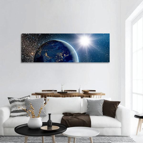 Earth &amp; Sun From Space Panoramic Canvas Wall Art-1 Piece-36" x 12"-Tiaracle