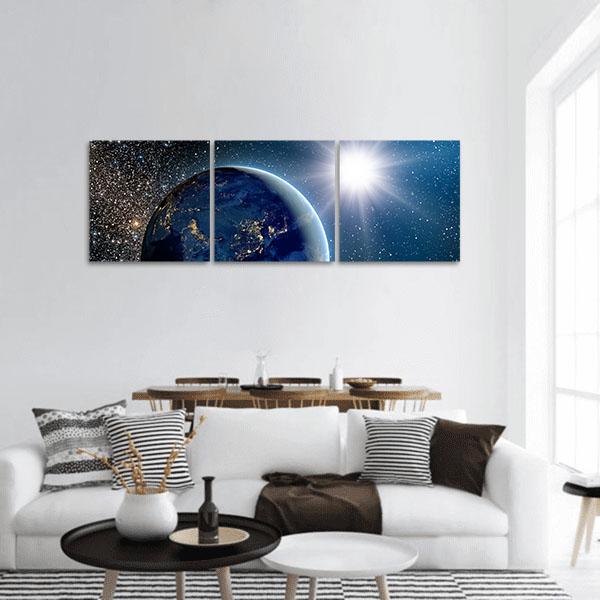 Earth &amp; Sun From Space Panoramic Canvas Wall Art-3 Piece-25" x 08"-Tiaracle