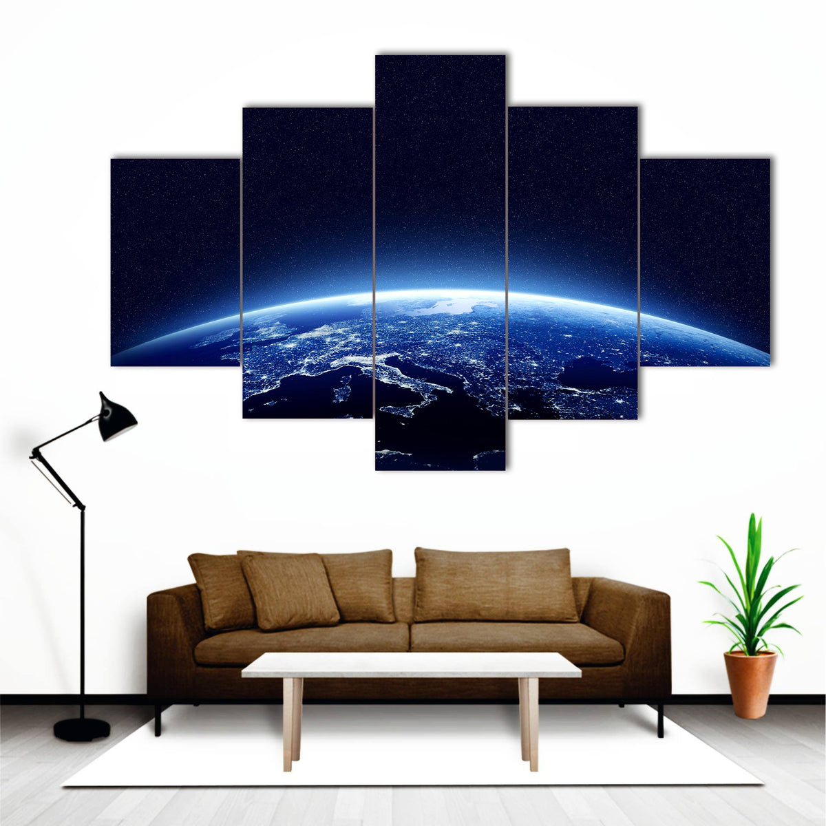 Earth at Night Canvas Wall Art in black and blue, 5 panel Star layout hung on a wall