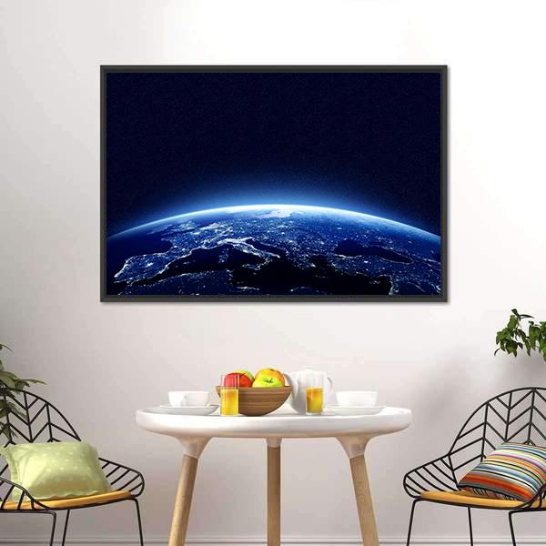 Earth at Night Canvas Wall Art in black and blue, framed canvas, product view on a white background