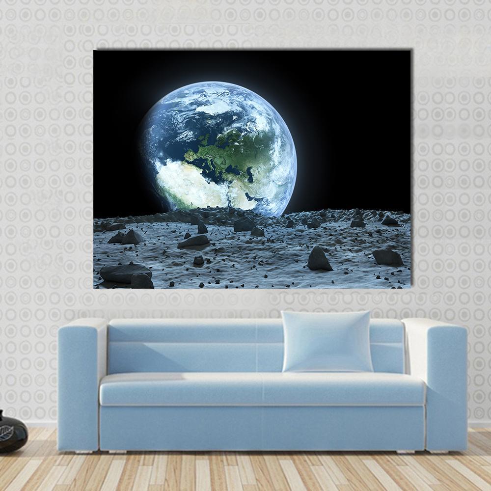 Earth Rising Over Lunar Horizon Canvas Wall Art in black, gray and blue, single panel hung on a wall