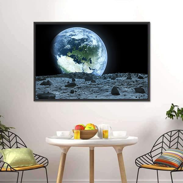 Earth from Moon Canvas Wall Art in black, gray and blue, framed canvas, product view on a white background