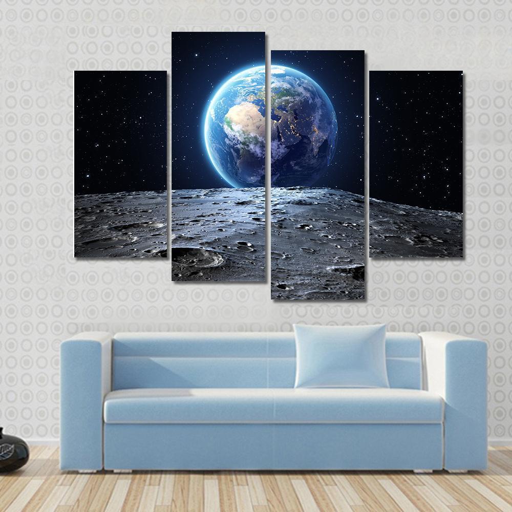 Earth from Moon Surface Canvas Wall Art in black, gray and blue, 4 panel Pop layout hung on a wall