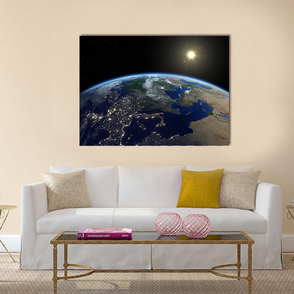 Europe Night Lights from Orbit Canvas Wall Art in black, yellow and blue, single panel hung on a wall