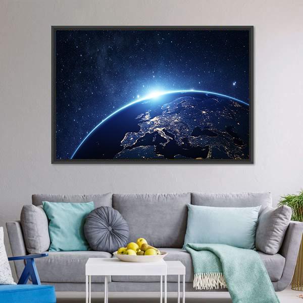 Earth from Space Canvas Wall Art in black and blue, framed canvas, product view on a white background