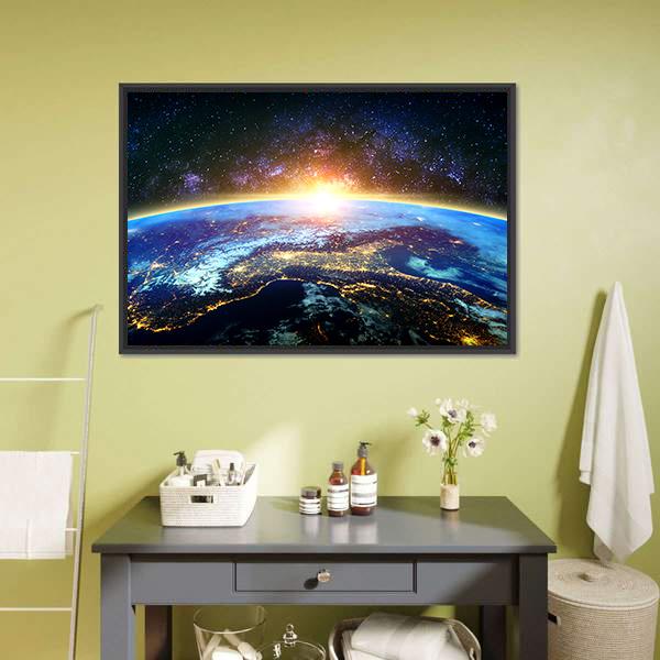 Earth &amp; Galaxy View Panoramic Canvas Wall Art-1 Piece-36" x 12"-Tiaracle