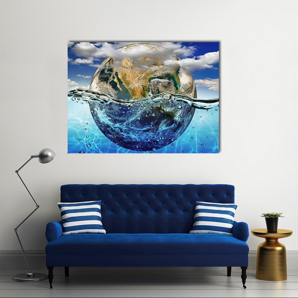 Earth Immersed in Water Canvas Wall Art in white, brown and blue, single panel hung on a wall