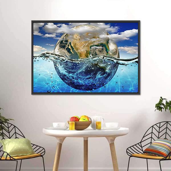 Earth Immersed In Water Canvas Wall Art-1 Piece-Floating Frame-24" x 16"-Tiaracle