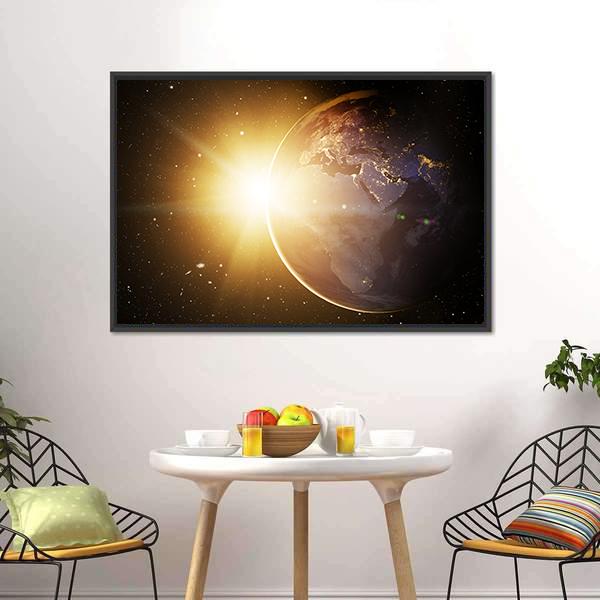 Earth In Cosmos & Bright Sun Canvas Wall Art-1 Piece-Floating Frame-24" x 16"-Tiaracle