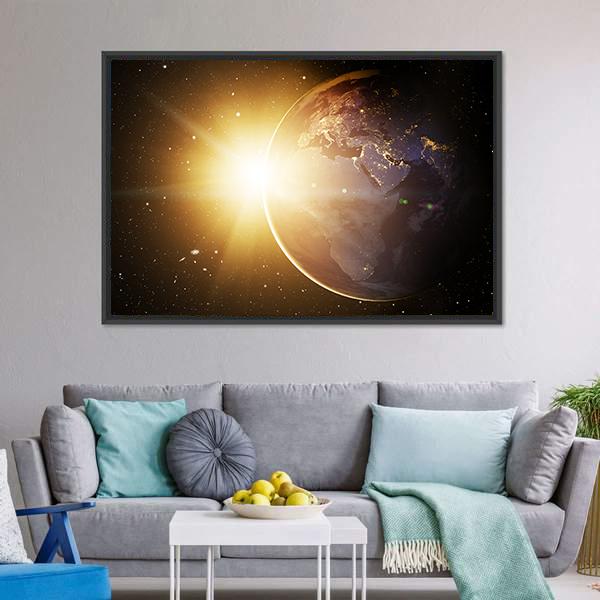 Earth In Cosmos & Bright Sun Canvas Wall Art-3 Horizontal-Gallery Wrap-25" x 16"-Tiaracle