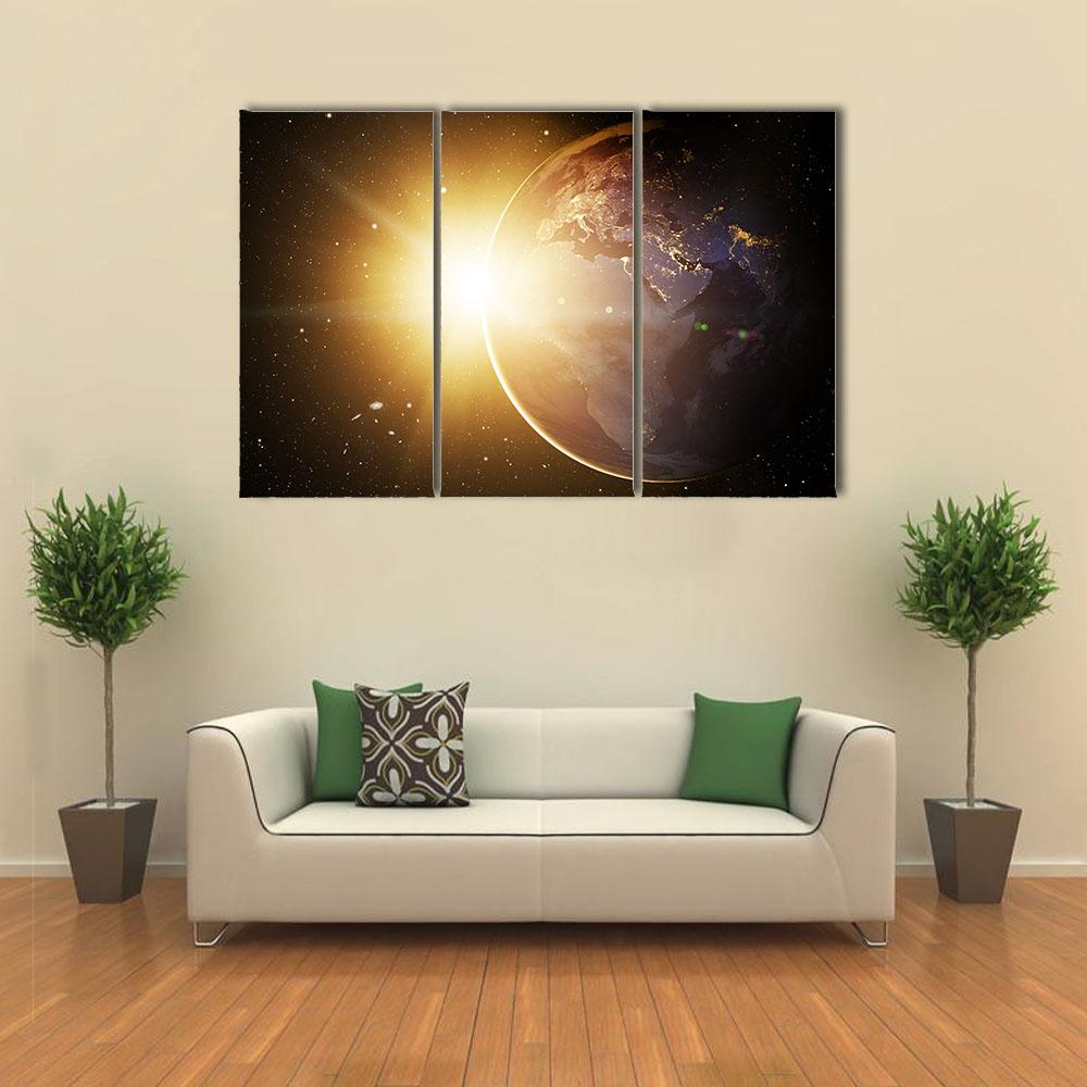 Earth In Cosmos & Bright Sun Canvas Wall Art-3 Horizontal-Gallery Wrap-25" x 16"-Tiaracle