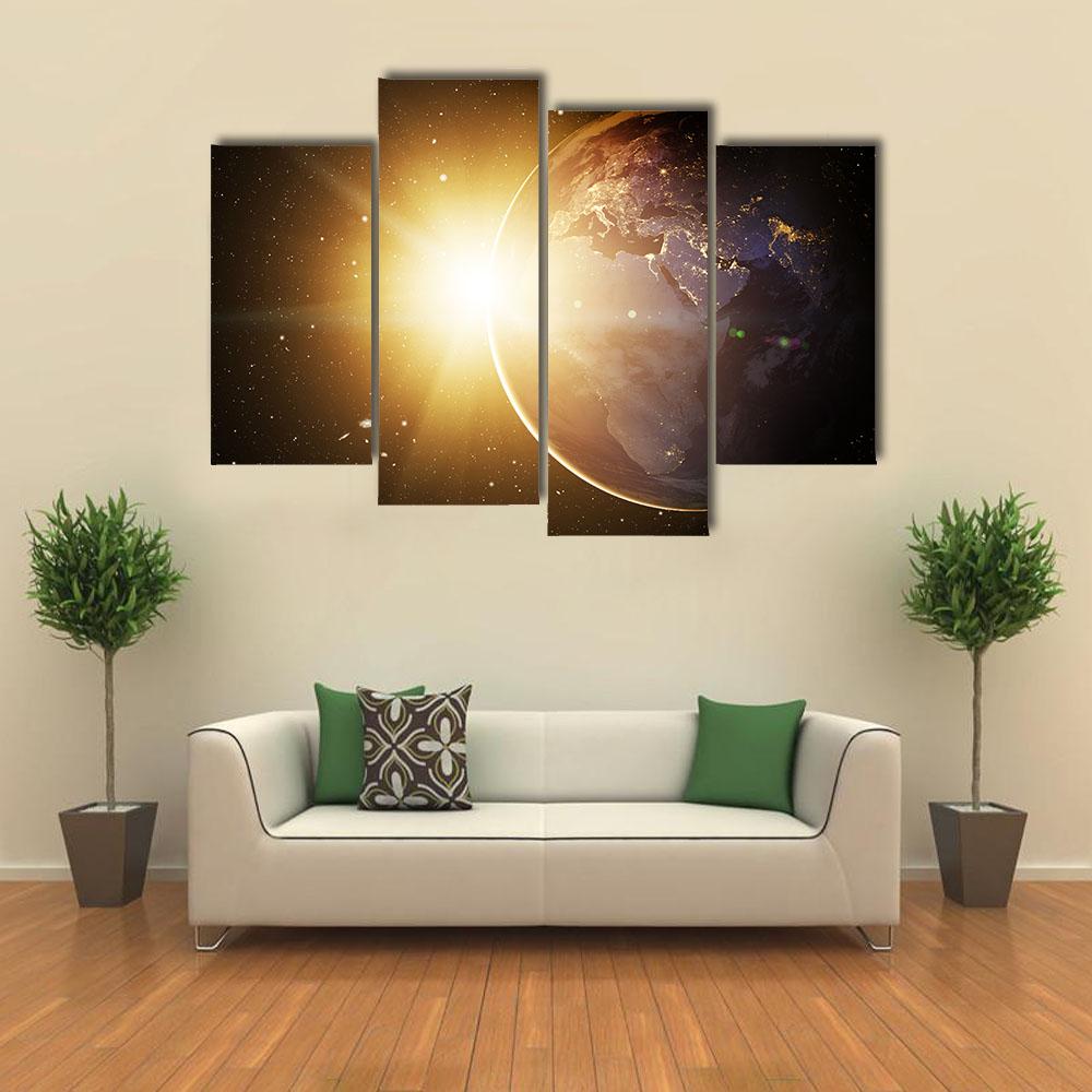 Earth In Cosmos & Bright Sun Canvas Wall Art-4 Pop-Gallery Wrap-34" x 20"-Tiaracle