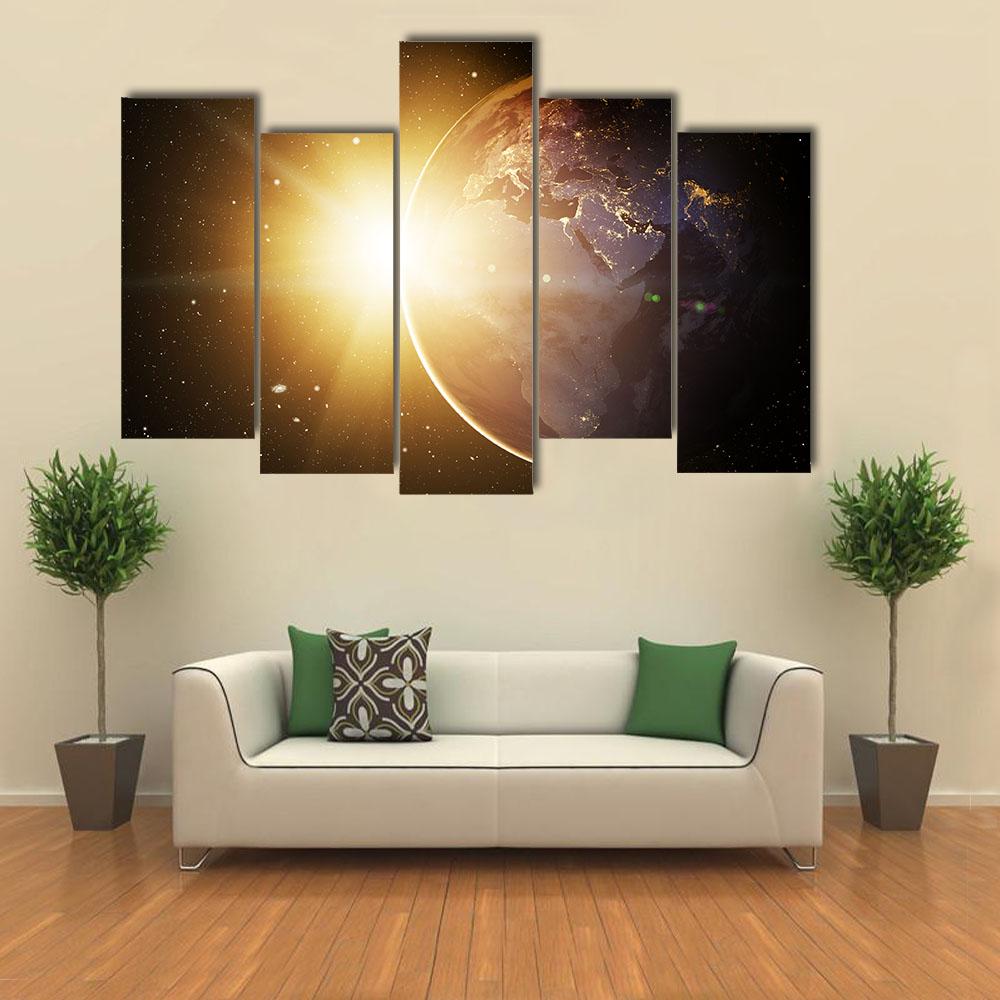 Earth In Cosmos &amp; Bright Sun Canvas Wall Art-5 Pop-Gallery Wrap-32" x 21"-Tiaracle