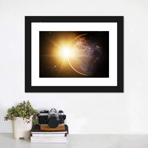 Earth In Cosmos & Bright Sun Canvas Wall Art-3 Horizontal-Gallery Wrap-25" x 16"-Tiaracle