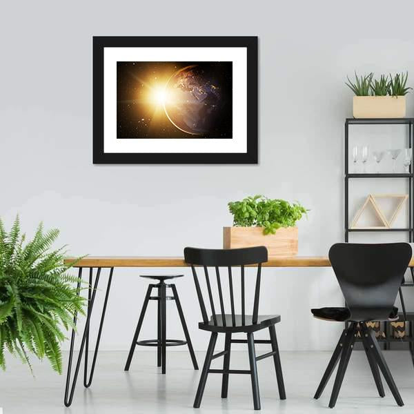 Earth In Cosmos &amp; Bright Sun Canvas Wall Art-3 Horizontal-Gallery Wrap-25" x 16"-Tiaracle